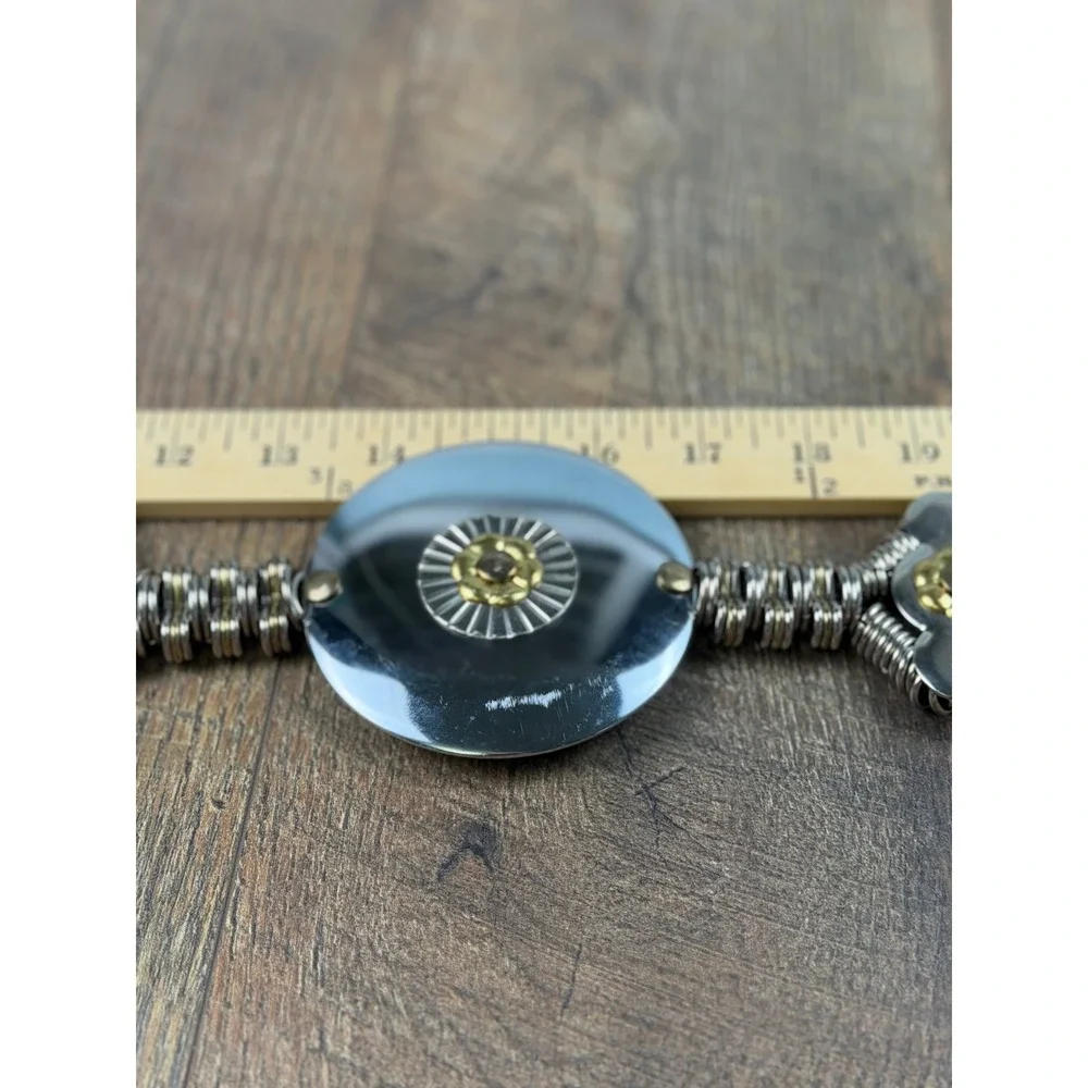 Vintage 80s‎ Black Cord Belt Silver Coil Spring Chain Disc Flower Made Korea